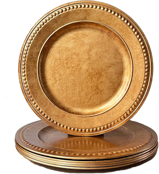Antique Gold Charger Plates,13 Inch Vintage Dinner Plate Chargers Round Server Ware.Set of 6 Plastic Beaded Chargers for Dinner Plates, Party, Wedding(Gold)