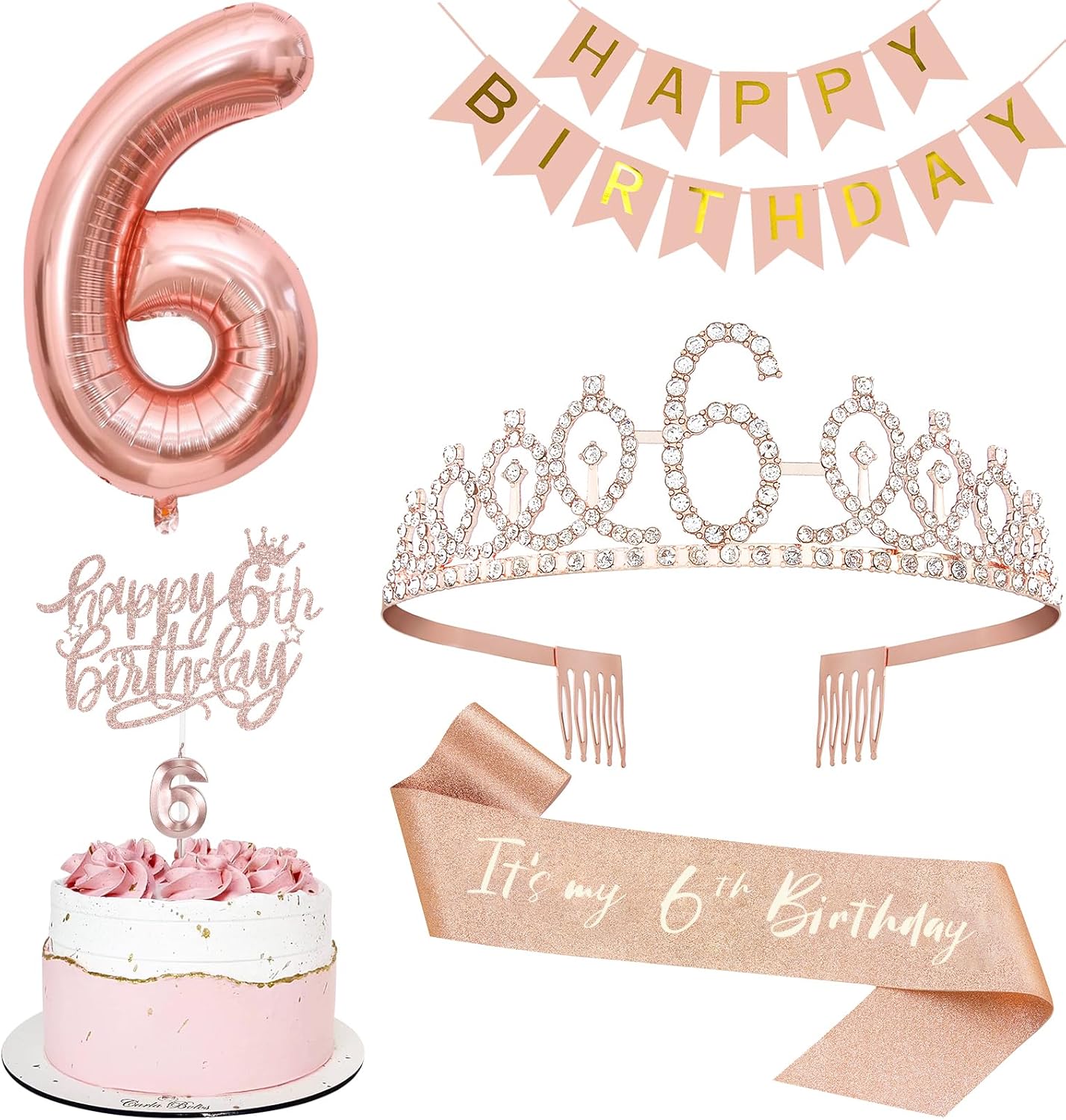 6th Birthday Decorations for Girls, Including 6th Tiara and Sash, Happy Birthday Banner, Cake Toppers, Number Candles and Balloons Set, Rose Gold