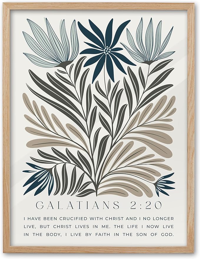 EcoHest Christian Bible Verse Floral Framed Wall Art, 12x16 in OAK Wood Boho Abstract Flowers Canvas Wall Art, Galatians 2:20 Home Decor, Beige Logs Christ Set of 1 for Bedroom Living Room