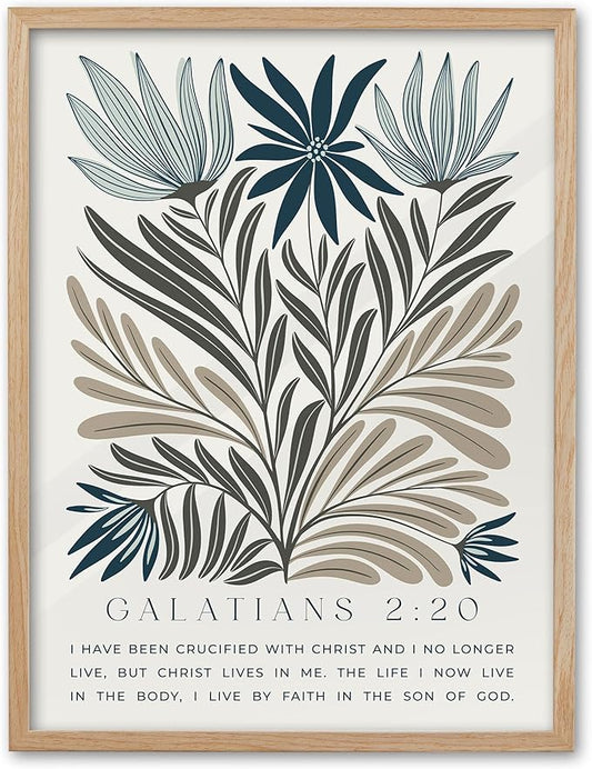 EcoHest Christian Bible Verse Floral Framed Wall Art, 12x16 in OAK Wood Boho Abstract Flowers Canvas Wall Art, Galatians 2:20 Home Decor, Beige Logs Christ Set of 1 for Bedroom Living Room