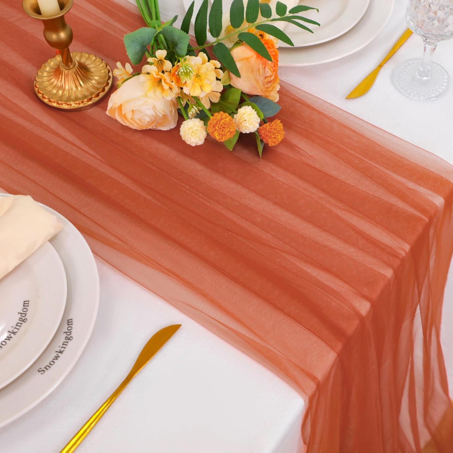 Snowkingdom Terracotta Table Runner, 10 FT Sheer Tulle Rust Cheesecloth Gauze Runner 120 Inch, Boho Fall Table Centerpieces Decoration for Thanksgiving Wedding Baby Bridal Shower Party