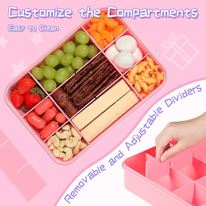 Snack Box Container for Kids - Adjustable 12-Compartment Snack Containers, Reusable Bento Box, Dishwasher Safe, BPA-Free, Perfect for School, Travel, Camping & Picnic, Pink