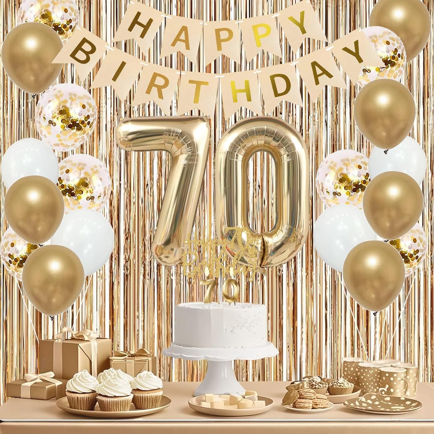 Trgowaul 70th Birthday Decorations for Women, Banner, Sash and Crown, Cake Topper, 70 Number Balloon, Fringe Curtains, Champagne Gold 70th Birthday Party Supplies