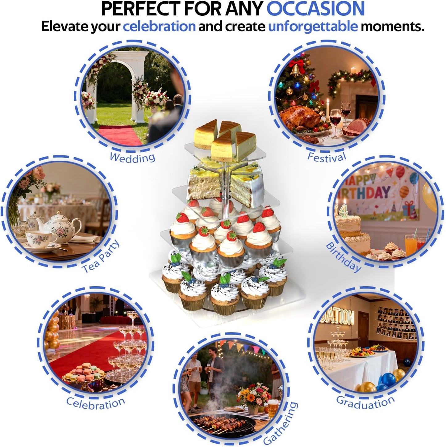 4-Tier Rotating Cupcake Stand, Clear Acrylic 360° Spinning Dessert Display Tower for Cakes & Pastries, Serving Stand for Weddings, Birthdays, Parties - Square