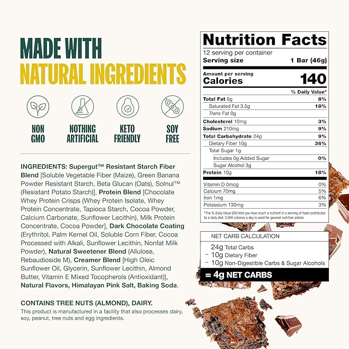 Supergut GLP-1 Boosting Prebiotic Bars, Chocolate Brownie - Gut Healthy Protein Snacks & Breakfast Bars - Keto-Friendly Meal Replacement Energy Bars (12 Count)