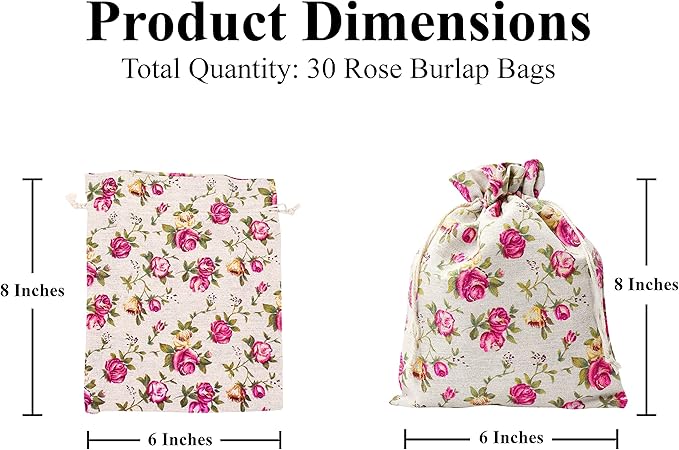 Mandala Crafts 6X8 Inch Rose Burlap Drawstring Gift Bags for Favors - 30 Medium Floral Linen Sacks Gift Pouches for Candy, Coffee, Jewelry, Wedding, and Party Supplies