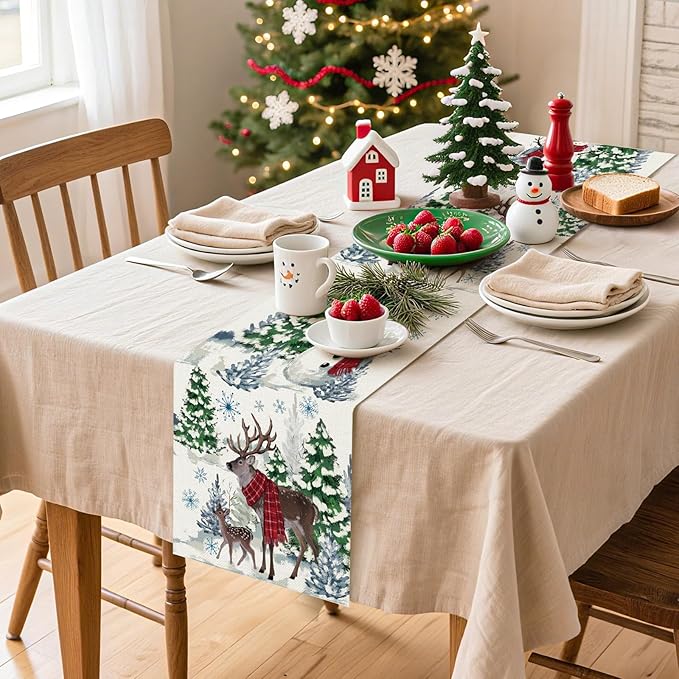 Artscope Reindeer Snowman Christmas Tree Table Runner, Xmas Winter Snowflakes Holiday Kitchen Dining Table Decoration for Christmas Home Party Decor 13x60 Inch-Beige