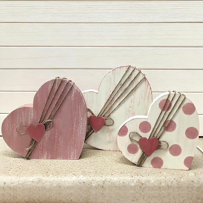 3 Pcs Valentines Day Decor for Table Centerpiece Vintage Wooden Heart Shaped Sign for Tiered Tray Decor with Jute Twine Bows Rustic Farmhouse Boho Valentine Decors for Home Couple Lover Gifts