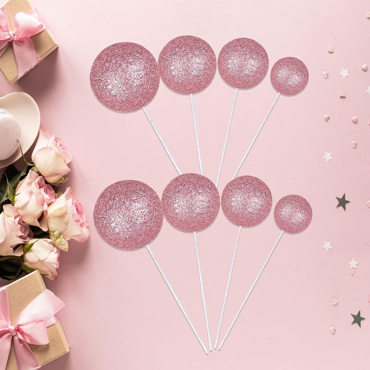 30Pcs Balls Cake Topper Glitter Foam Ball Cake Picks Faux Pearl Ball Shaped Cupcake Insert Cake Topper for Baby Shower Wedding Anniversary Kids Birthday Graduation Party Cake Decorations Pink