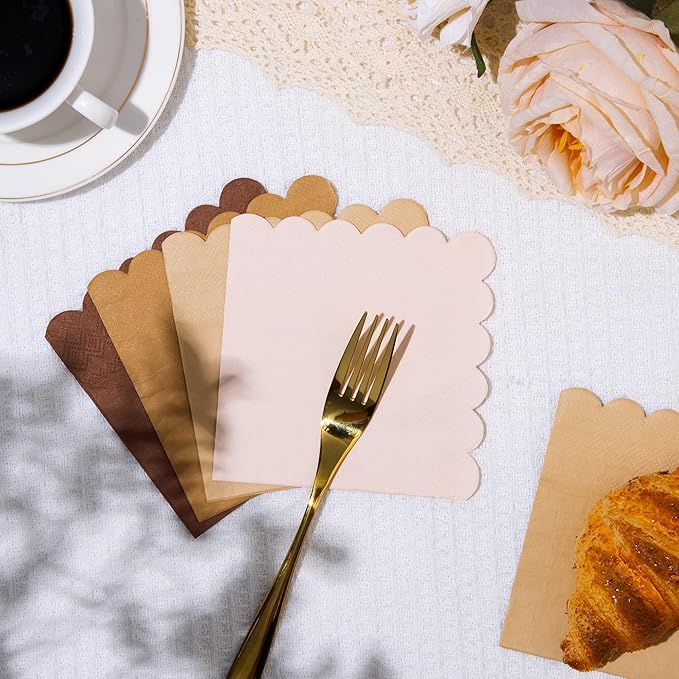 100 Pcs Brown Scalloped Napkins Gradient Color Cocktail Napkin Folded 5 x 5 Beverage Napkins Disposable Paper Napkins for Birthday Party Supplies