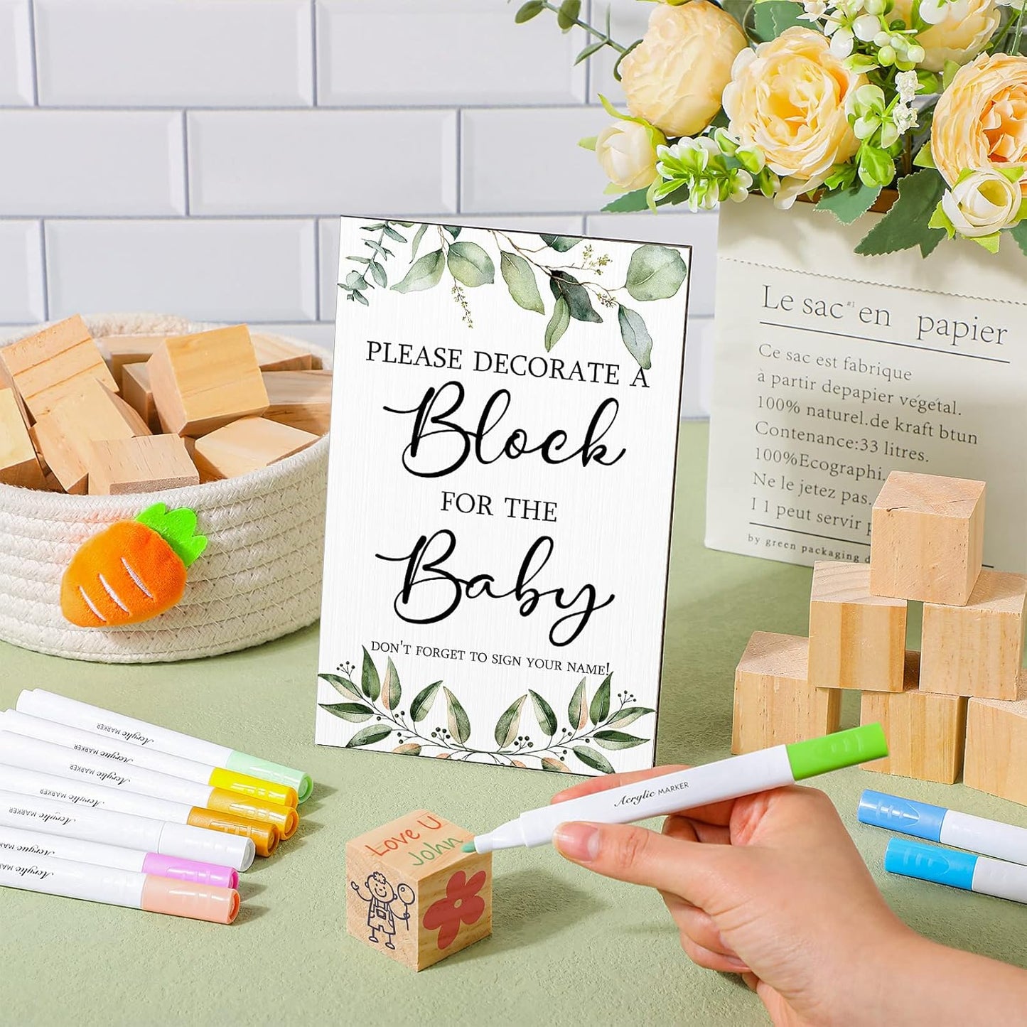 Tatuo 75 Pcs Baby Shower Games Sign Kit Including Decorate a Block Game Sign 50 DIY Wooden Block 24 Acrylic Paint Marker Baby Shower Prize for Gender Reveal Party(Greenery)