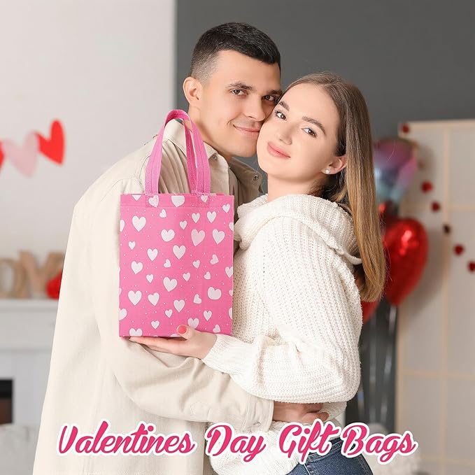 Wesnoy 24 Pcs Valentine's Day Tote Bags Bulk with Handle Heart Reusable Treat Gift Bags Non Woven Gift Wrap for Valentine's Day Wedding Birthday Party Favor Supplies