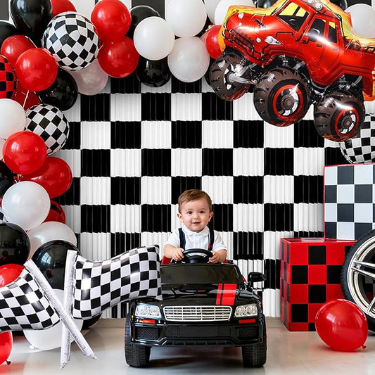 2 Packs Race Car Foil Fringe Curtain, Black White Checkered Glitter Metallic Tinsel Backdrop for Birthday, Baby Shower, Racing Car Truck One Happy Dude Party Decorations Supplies