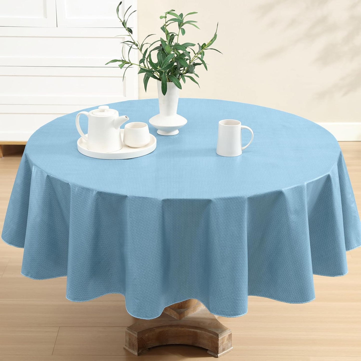 Newbridge Basketweave Vinyl Flannel Backed Tablecloth, 70 Inch Round, Blue, Basket Weave Textured Indoor Outdoor Waterproof Table Cover for Patio, Kitchen, Dining