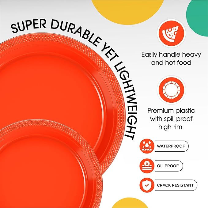 Party Solids Orange Plastic Plates For Party Supplies, Orange Disposable Plates 100 Pieces - 50-7" & 50-9" Heavy Duty 350 GSM Disposable Dinnerware Sets, Plastic Dinnerware Sets