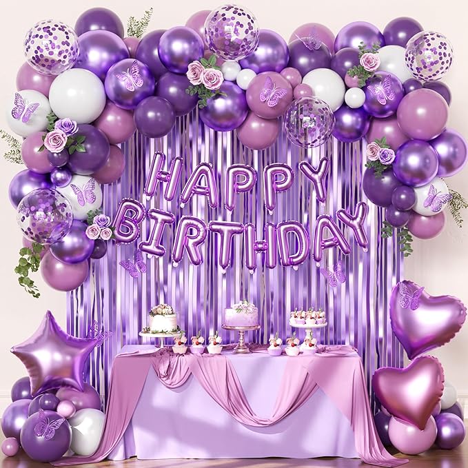 Purple Birthday Decorations for Women Girls, Metallic Dark Dusty Purple White Purple Foil Confetti Balloons Happy birthday Banner Purple Butterfly Fringe Curtains Birthday Decorations