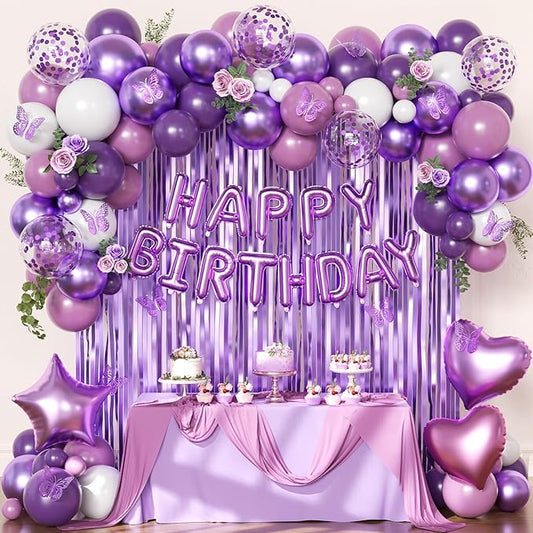 Purple Birthday Decorations for Women Girls, Metallic Dark Dusty Purple White Purple Foil Confetti Balloons Happy birthday Banner Purple Butterfly Fringe Curtains Birthday Decorations