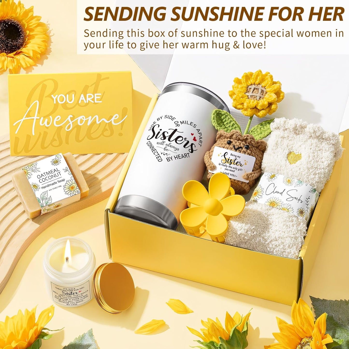 Best Sisters Gifts from Sister, Christmas Gifts for Sisters Birthday Gift Set from Brother, Funny Sister-in-Law Soul Sister Mothers Day Sunflower Gift Basket for Women Best Friends Sis w/ 20Oz Tumbler