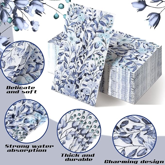 Karenhi 200 Pcs Blue Paper Hand Towels 2 Ply Blue Floral Bathroom Guest Napkins Flower Decorative Disposable Napkins Wildflower Disposable Bathroom Towels for Wedding Birthday Party Baby Shower