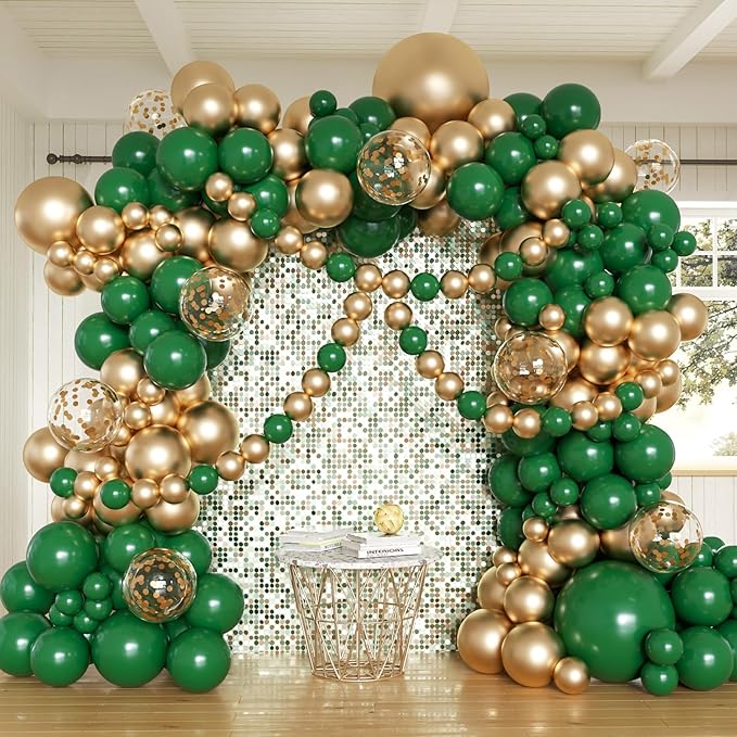 Green and Gold Balloons Arch Kit, 162pcs Emerald Green Chrome Gold Confetti Balloons for Graduation Decorations 2025 St Patricks Day Jungle Safari Birthday Party Decorations