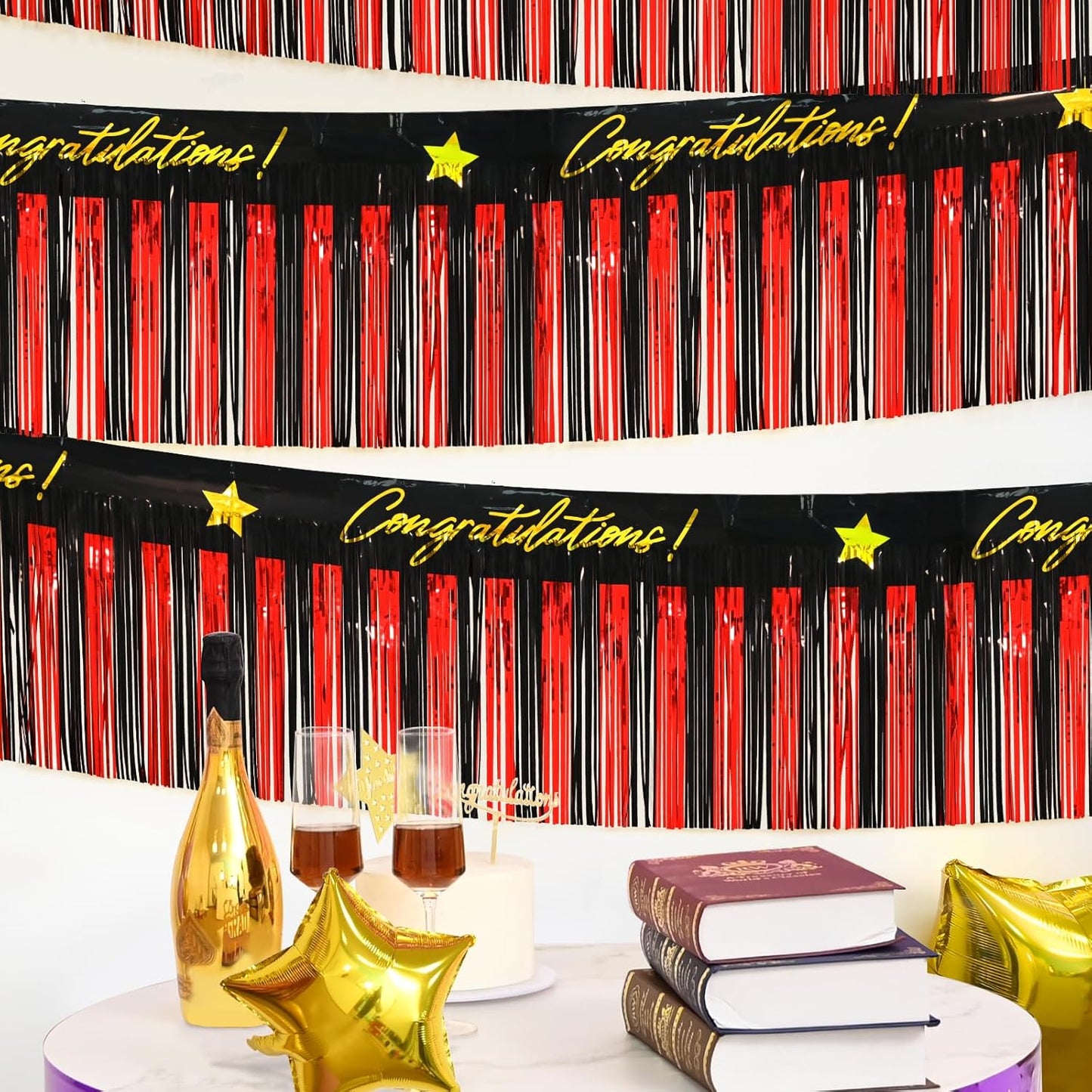 Mega-L Congratulations Banners Party Decorations, Black Red Casino Poker Night Foil Fringe Garland, 2Pack 39 Ft Tinsel Streamers Photo Booth Props Flag Parade Float Car Birthday New Years 2026 Decor