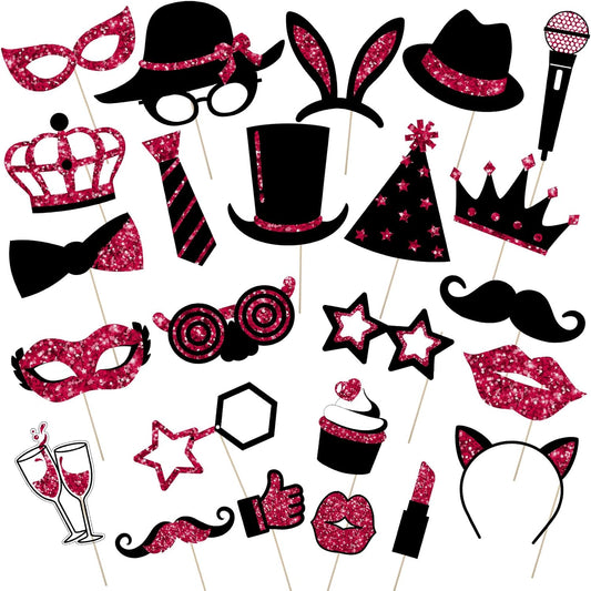 Zonon 24 Pieces Funny Photo Booth Props:Halloween,Christmas,Family Reunion, Class Reunion, Birthday, Weddings, Prom Disco Mardi Gras Party Supplies - Mix of Hats, Lipstick, Tie(Burgundy and Black)