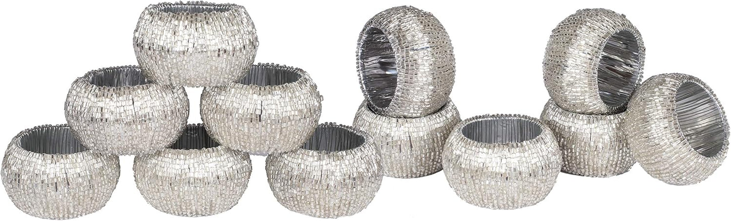 Lightnpro Beaded Napkin Ring Set of 12 - Elegant Decorative Napkin Holder for Dining Table Decor, Weddings, Banquets, Birthday Parties, Thanksgiving, Special Occasion, Holiday & Everyday Use - Silver