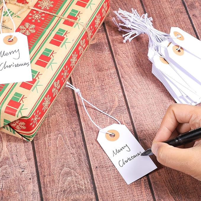 Prudiut 100 Pack Gift Tags with Elastic String White Price Tags Marking Hang Tag Attached Reinforced Hole Writable for Valentine's Day Gifts Inventory Tag 2.75'' x1.37''