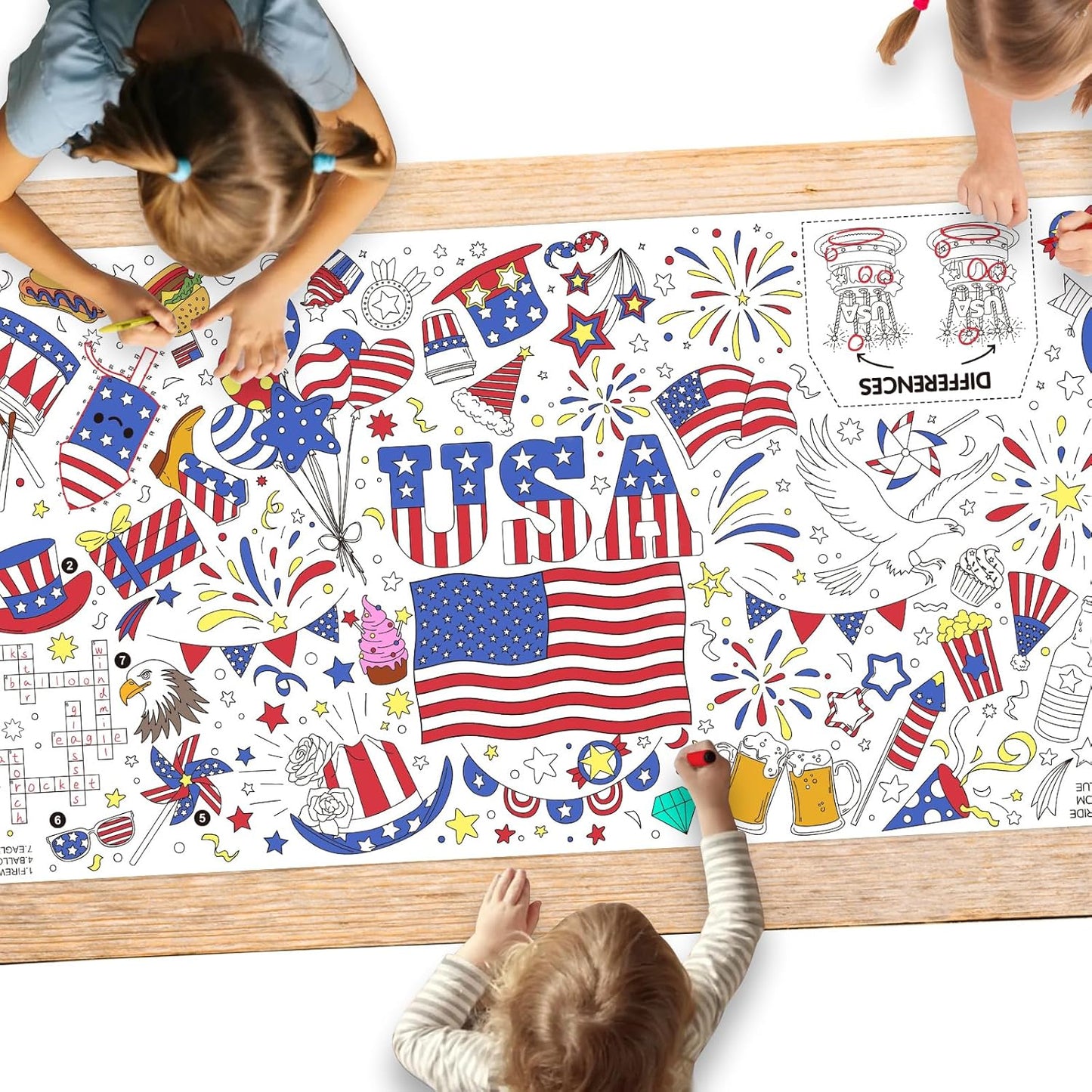 Gatherfun 4th of July Patriotic Coloring Tablecloth 31.5x72 - American Flag-Themed Giant Poster for Independence Day Decor & Activities for Classroom or School Party Table Cover