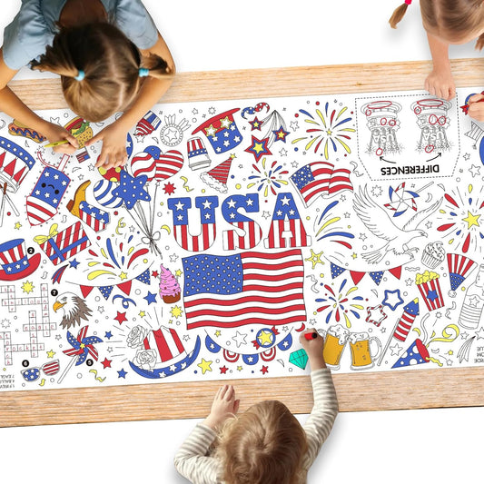 Gatherfun 4th of July Patriotic Coloring Tablecloth 31.5x72 - American Flag-Themed Giant Poster for Independence Day Decor & Activities for Classroom or School Party Table Cover