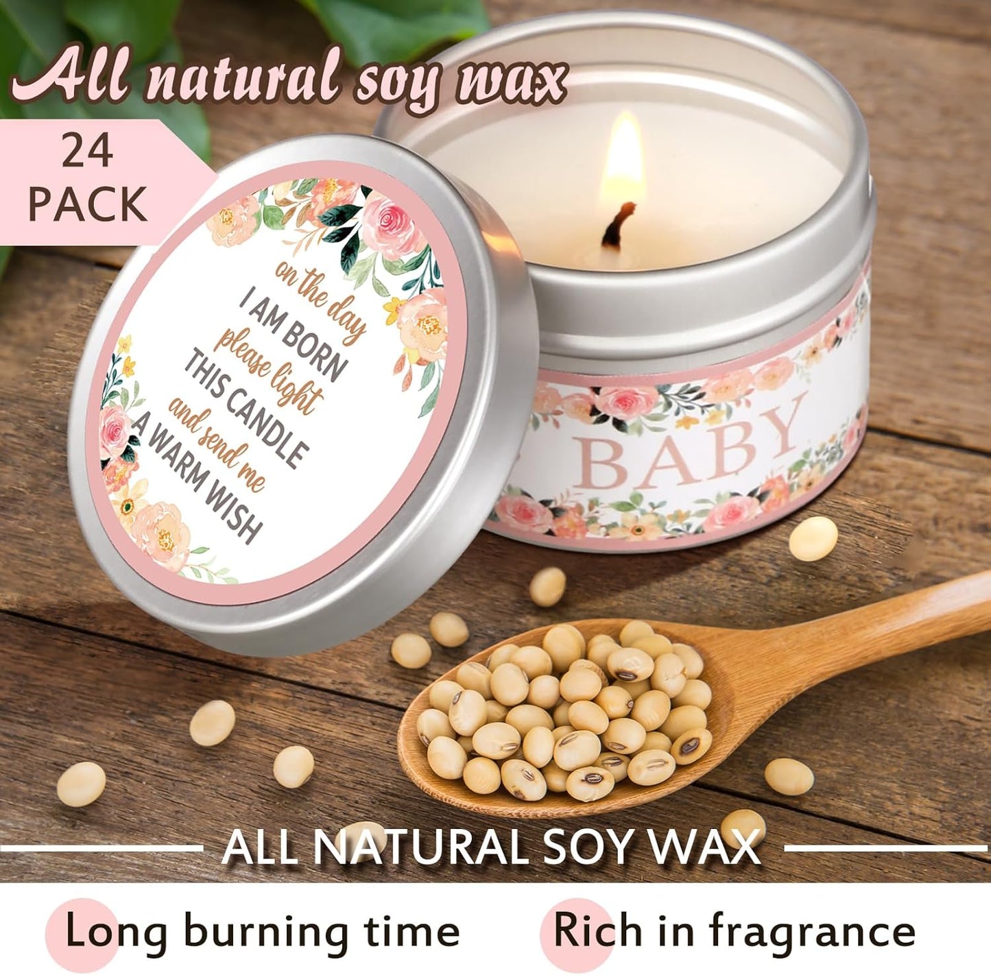 MTLEE 24 Pcs Flowers Baby Shower Party Favors Candles Lavender Scented Baby Shower Favors for Guests Rustic Tealights Candles Gender Reveal Return Gifts Girl Boy(1.2 Oz, Pink)