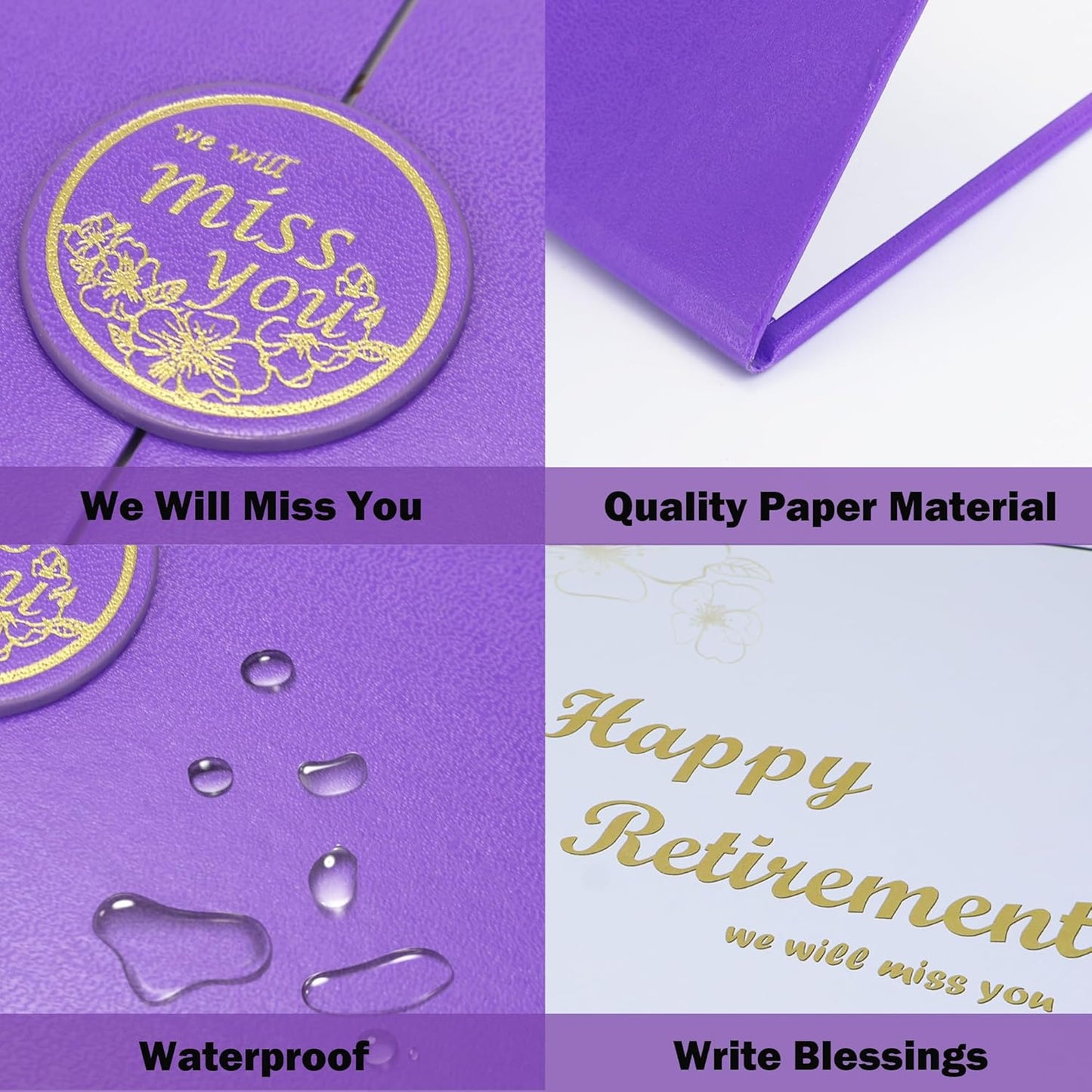 Large Retirement Card, Purple Gold Retirement Guest Book Alternative, Retirement Card for Man Woman, Happy Retirement Gifts Signature Board Book for Retirement Party Decorations