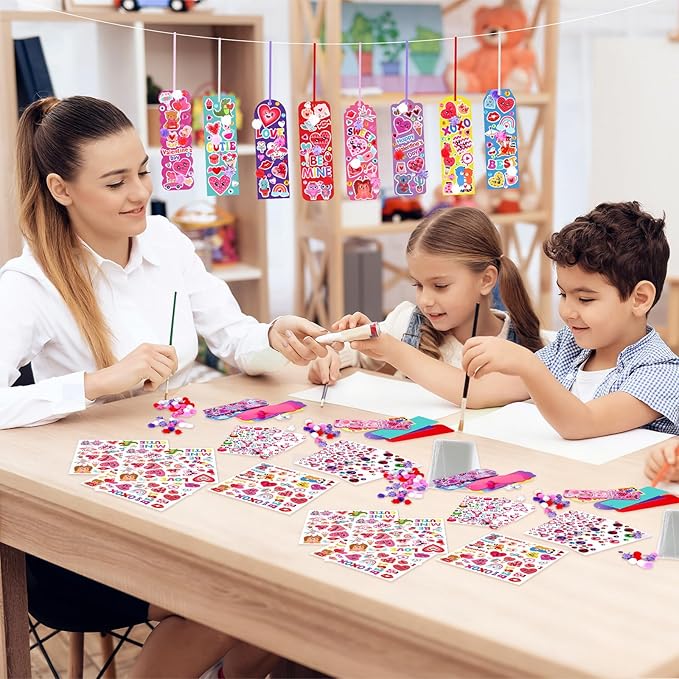 Frienda 48 Sets Valentine DIY Bookmarks Craft Kit Valentine Decorations Art Sets Blank Foam with Smile Face Hearts Owl Alphabets Stickers Pom-poms for Activity Reading Gift Exchange