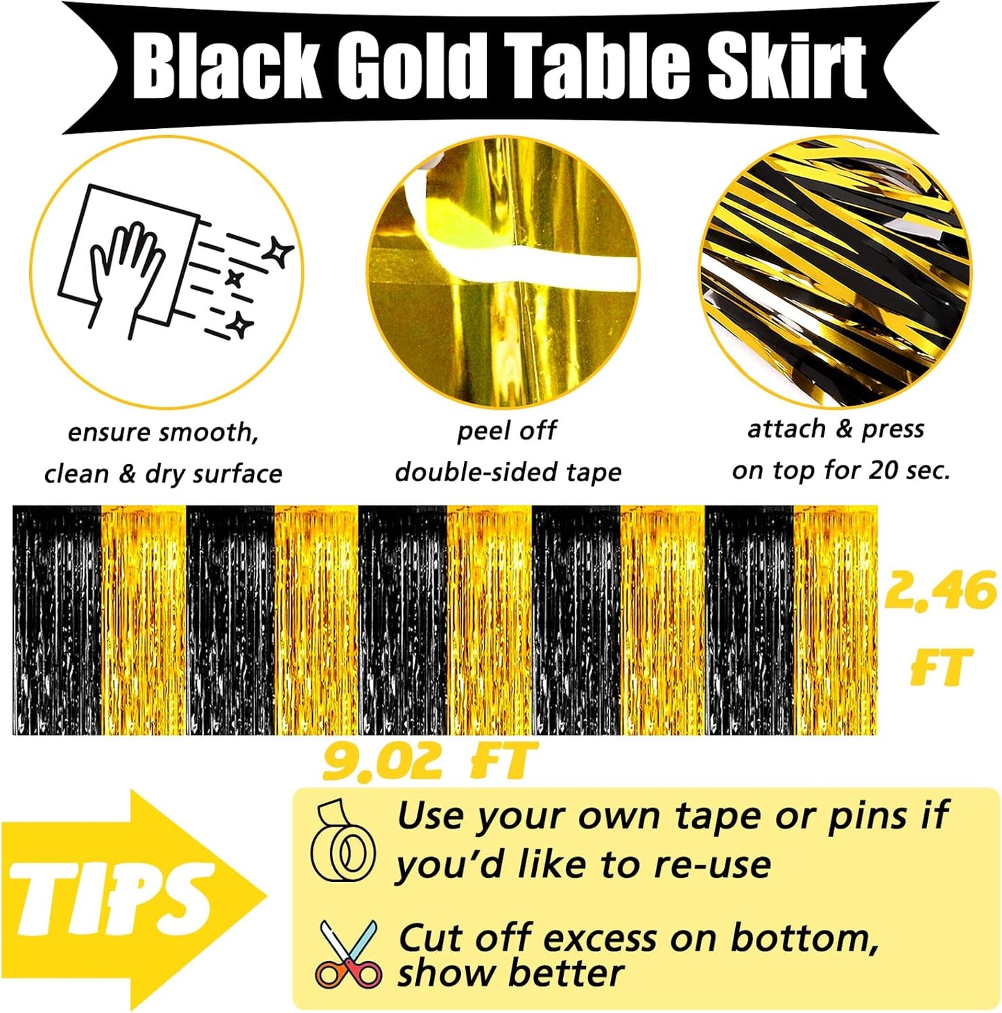 6 Pack 29x108 Inch Metallic Foil Fringe Table Skirts Banner for Tinsel Streamer Garland Curtains Backdrop for Parade Floats Wedding Baby Shower Birthday Graduation Party Decorations(Black Gold)
