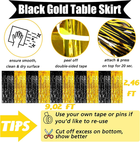6 Pack 29x108 Inch Metallic Foil Fringe Table Skirts Banner for Tinsel Streamer Garland Curtains Backdrop for Parade Floats Wedding Baby Shower Birthday Graduation Party Decorations(Black Gold)