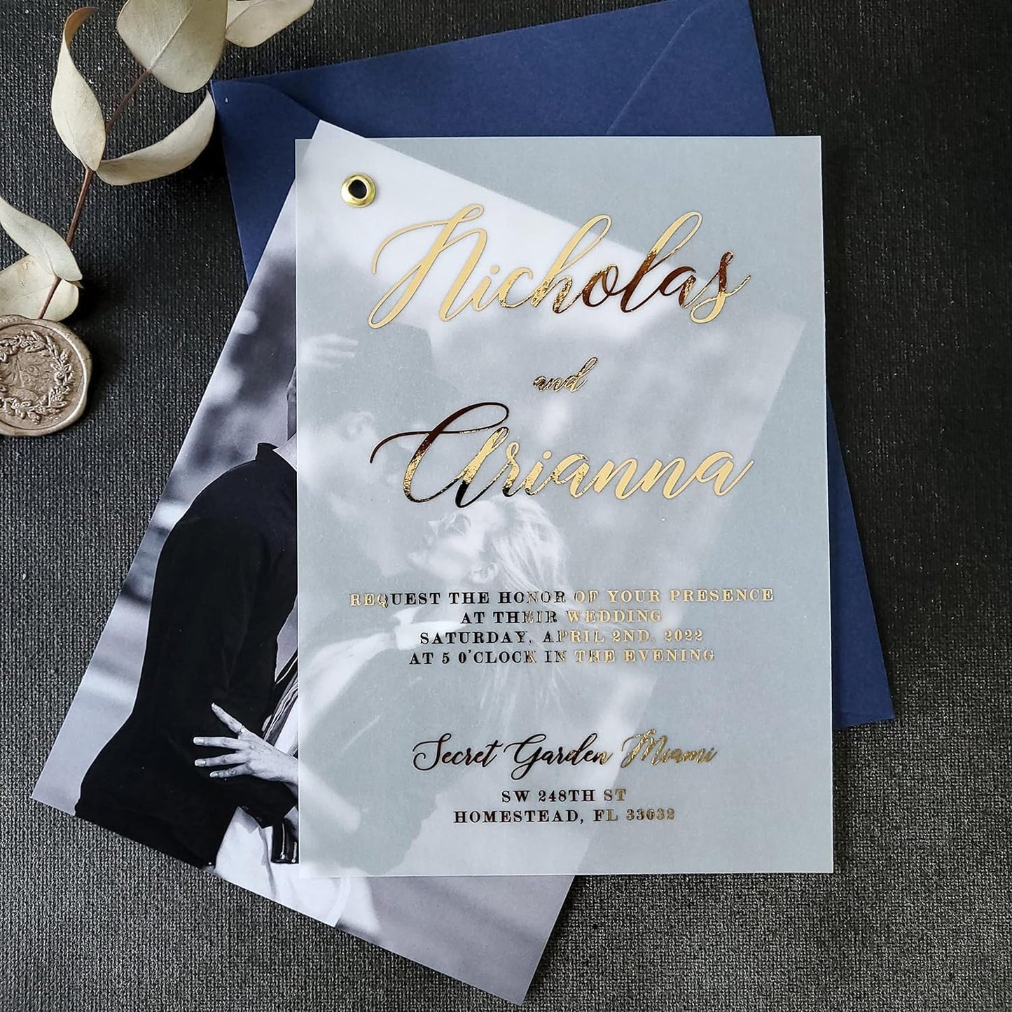 Elegant Vellum Wedding Invitations with Gold Foil and Picture, Personalized Foiled Invitation in Gold, Silver, Rose Gold, Custom Photo Invites (A7 (5" x 7" or 12,7 x 17,8 cm), Gold Foil)