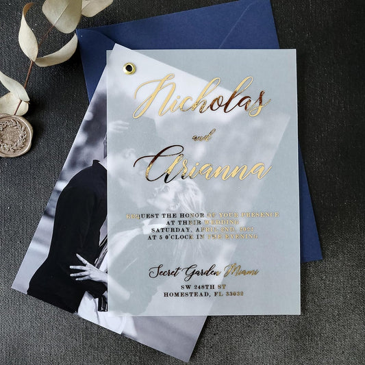 Elegant Vellum Wedding Invitations with Gold Foil and Picture, Personalized Foiled Invitation in Gold, Silver, Rose Gold, Custom Photo Invites (A7 (5" x 7" or 12,7 x 17,8 cm), Gold Foil)