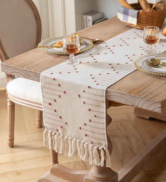 Caflife Boho Table Runner 13 x 90 Inch Long Natural Cotton Woven Runner with Tassels for Fall Home Dining Table décor, for Modern Farmhouse Decor Coffee Table Runner, Rust and Beige