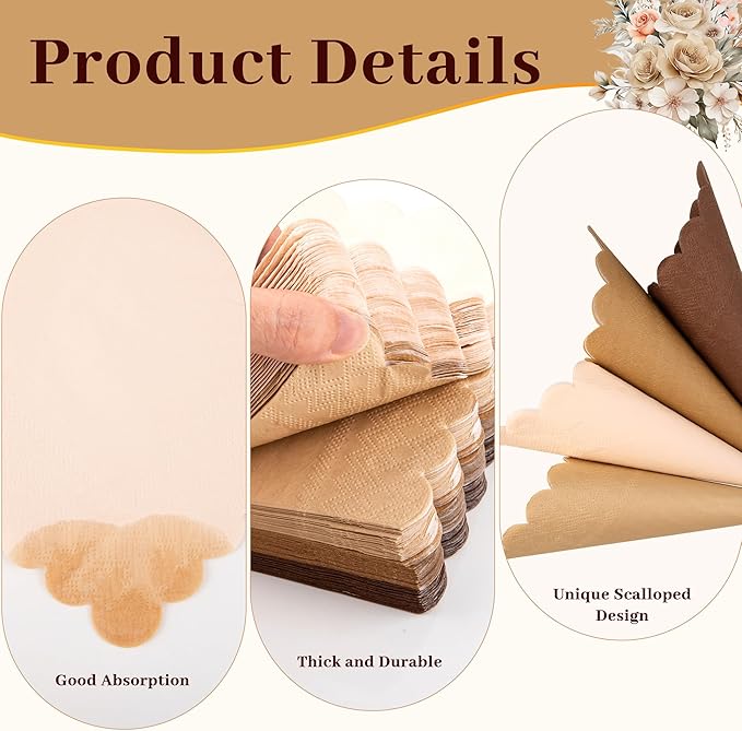 100 Pcs Brown Scalloped Napkins Gradient Color Cocktail Napkin Folded 5 x 5 Beverage Napkins Disposable Paper Napkins for Birthday Party Supplies