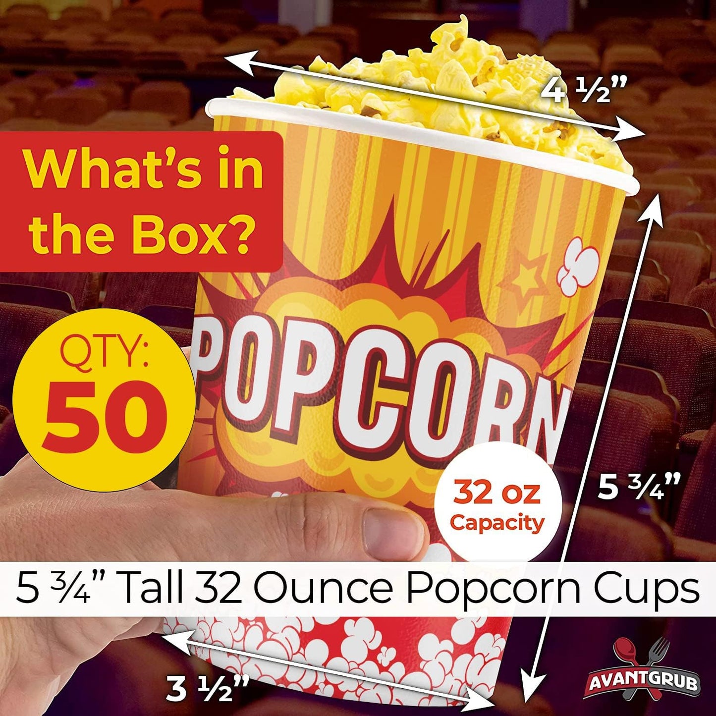 Leakproof, Super Durable 32oz Disposable Popcorn Bucket Tubs 50 Pack. Grease-Proof Pop Corn Containers with Cool Design – Ultimate Movie Theater Accessory for Parties & Events