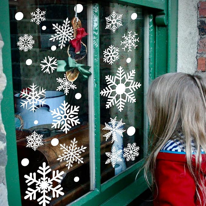 AOWDIAO 394 Pcs Snowflake Window Clings - Christmas Decorations Indoor, 12 Sheets Large White Double-Sided Xmas Snowflake Window Stickers for Glass, Winter Holiday Decor for Home, Office, Party