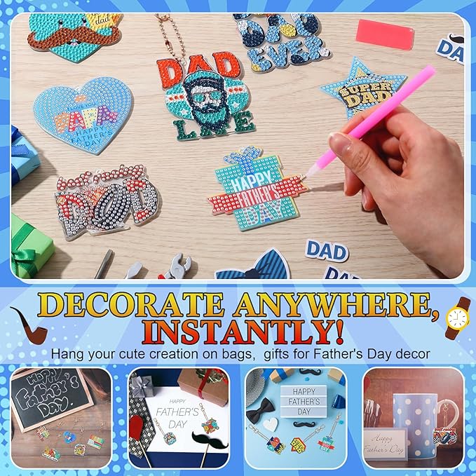 Huquary 24 Sets Father's Day Diamond Art Keychains Kits 5D Dad Diamond Art Keyrings Charm Pendants for Adults Dad DIY Craft Gifts for Father's Day Daddy Birthday Party Favors Bags Decor