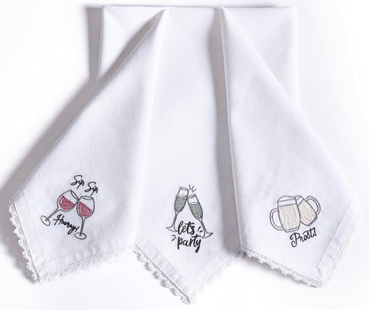 Bedding Craft Cotton Cloth Dinner Napkins Set of 12 – 18x18 Embroidered Motif with Decorative Lace Edges – Machine Washable Fabric Napkins for Weddings, Baby Showers, Christmas & Easter