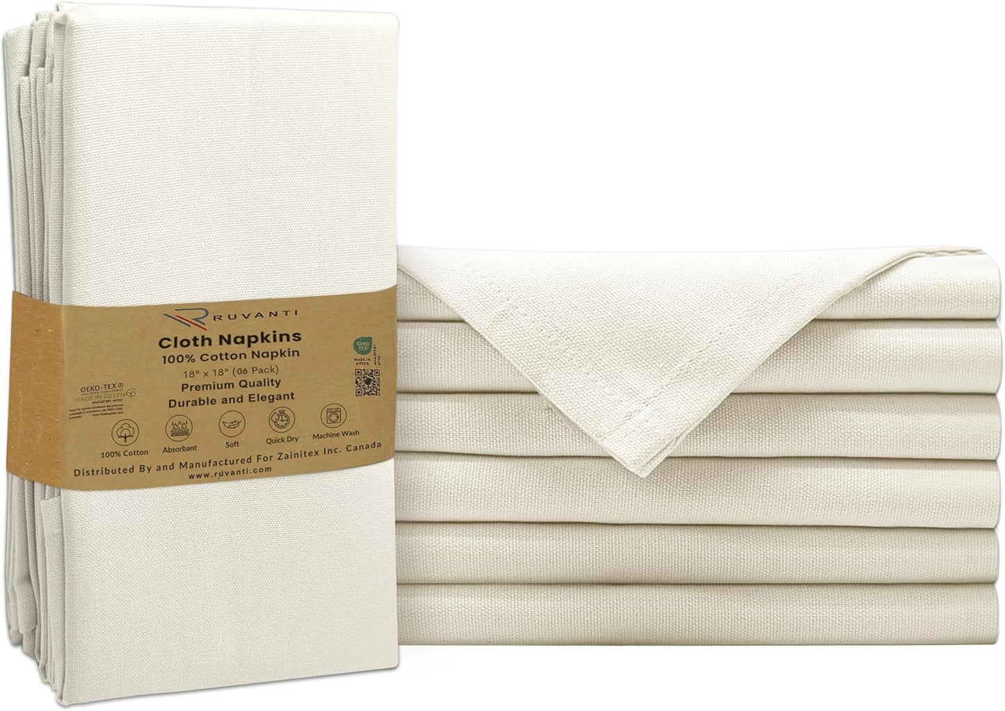Ruvanti Premium Cloth Napkins Set of 6, 18x18 Inches, 100% Cotton, Washable, Soft & Absorbent, Perfect for Wedding, Christmas, ‎Thanksgiving Dinners - Antique White