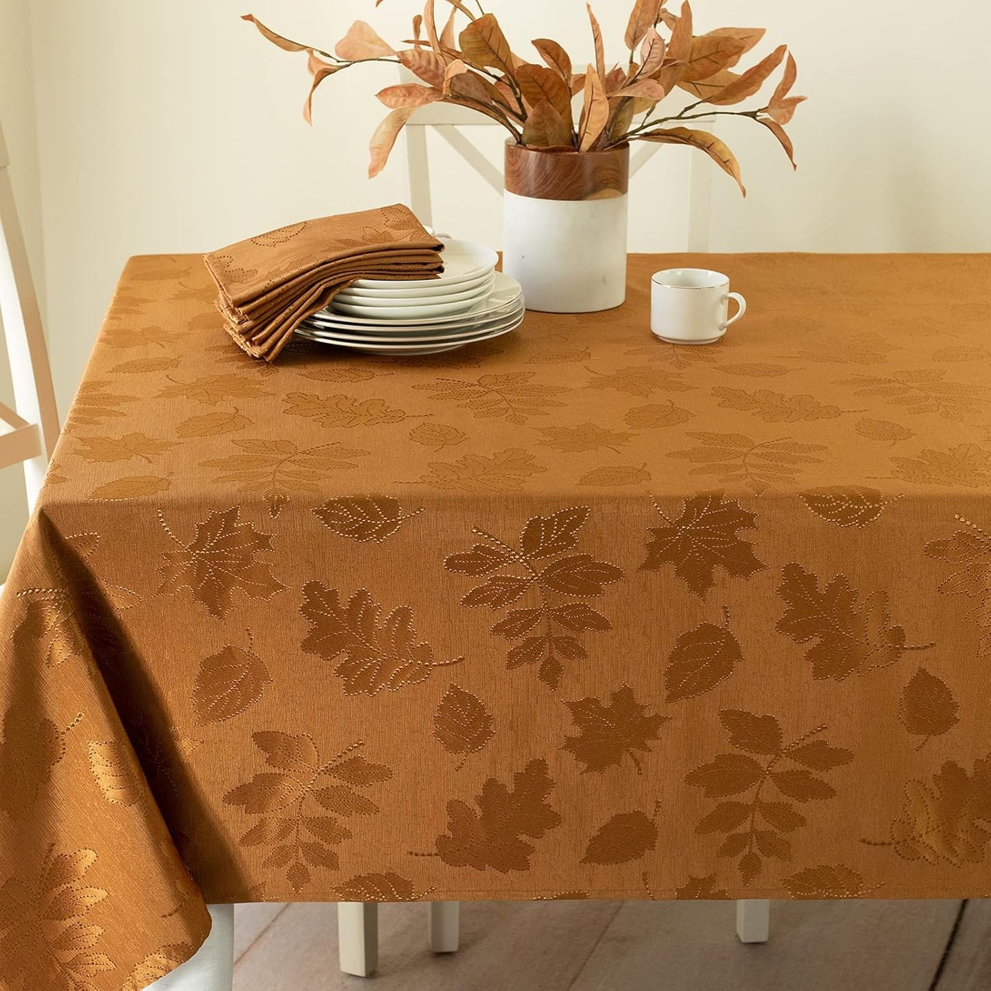 Benson Mills Harvest Legacy Damask Fabric Table Cloth Fall, Harvest, and Thanksgiving Tablecloth (Amber-Bronze, 52" x 52" Square)