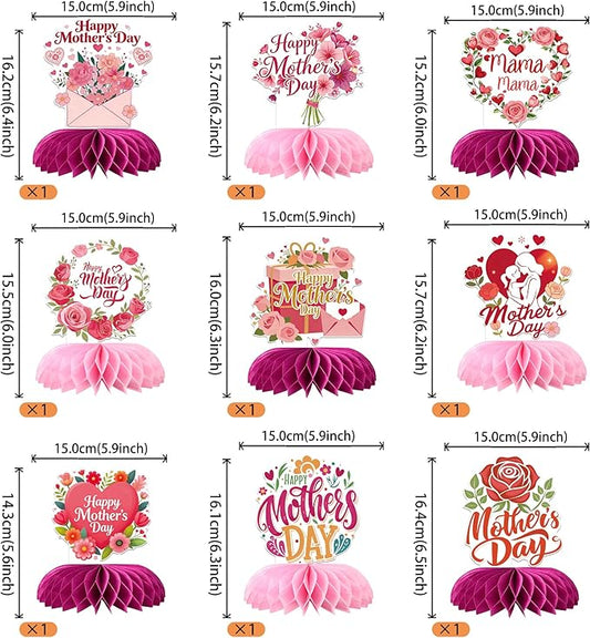 9 PCS Happy Mother's Day Honeycomb Centerpieces Love Heart Best Mom Table Centerpiece Love Mother Table Decorations for Women Mama Birthday Happy Mother's Day Party Centerpieces Decorations Supplies