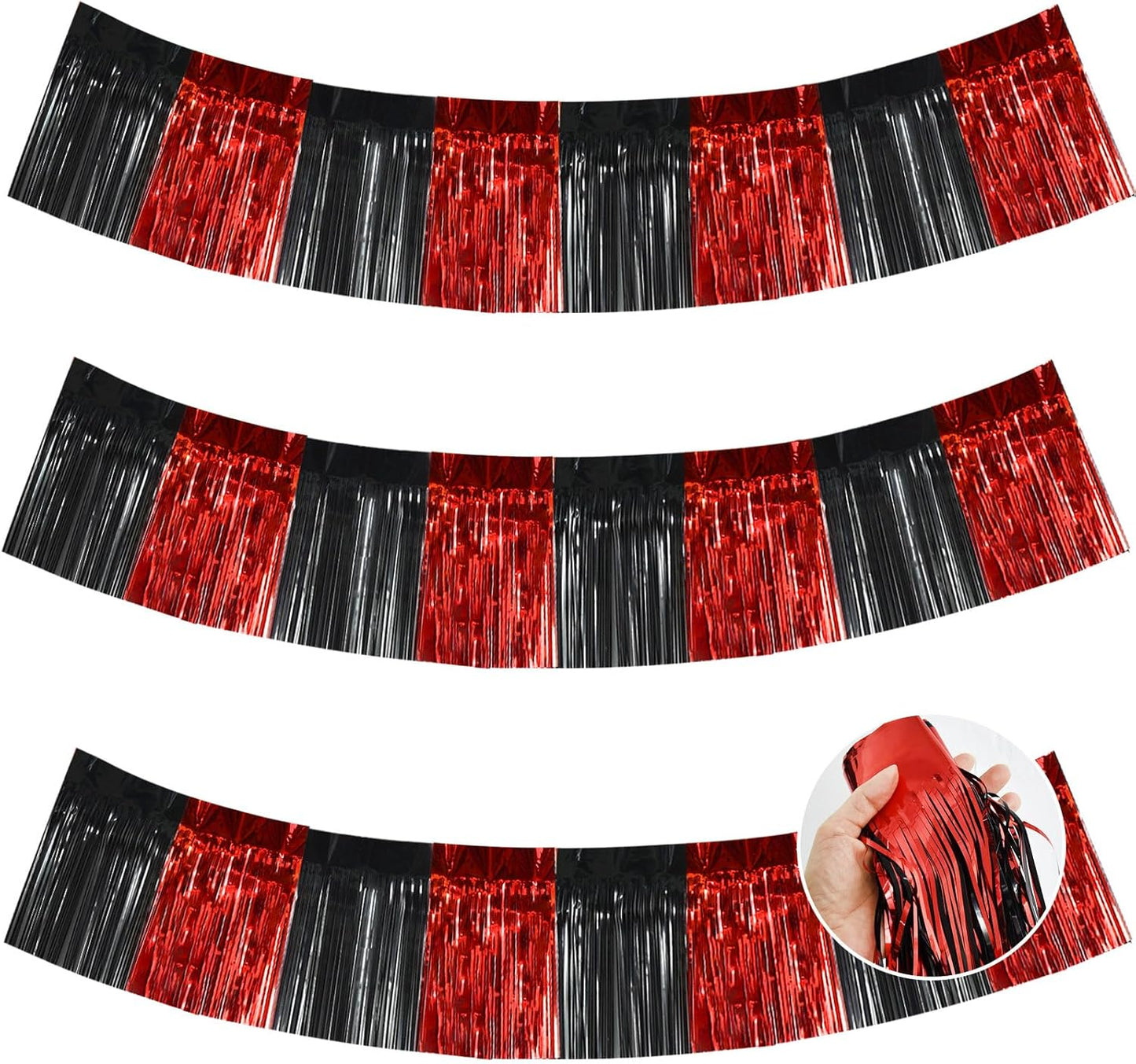 BEISHIDA 3 Packs Metallic Foil Fringe Garland Red Black Wall Hanging Tinsel Fringe Banners for Car Floats Bridal Shower Wedding Birthday Easter Graduation Holiday Party Decoration(30 Feet)