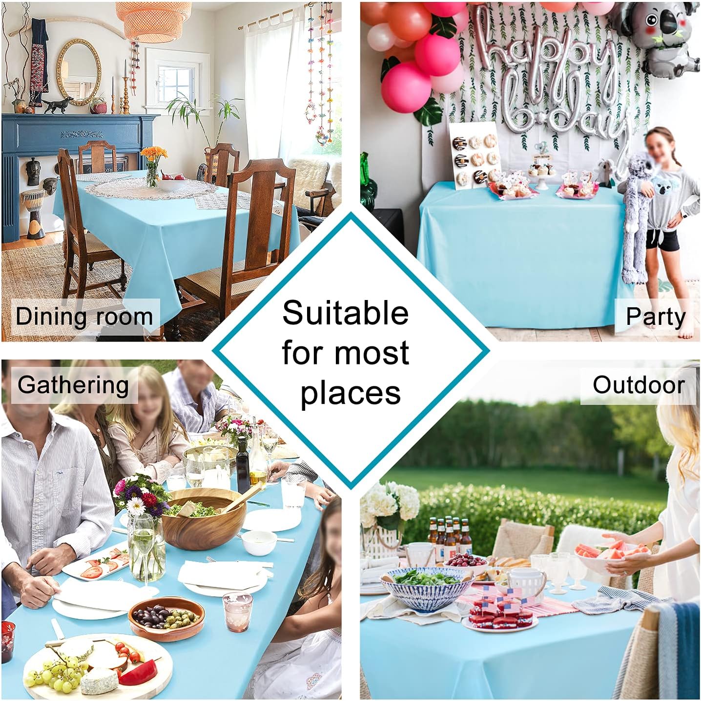 Hiasan Waterproof Tablecloth Rectangle - Washable Fabric Table Cloth for Dining Room Kitchen Birthday Party and Outdoor Use, Sky Blue, 54 x 120 Inch