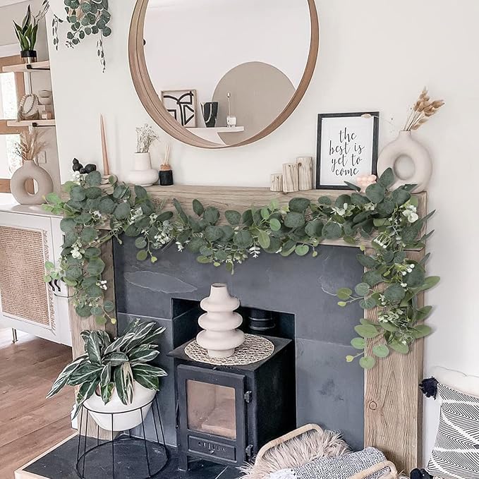 SOMYTING Artificial Eucalyptus Garland 2 Packs 5.9Ft Silver Dollar Eucalyptus Leaves Fake Vine with White Baby Breath Faux Greenery Garland Spring Garland for Mantle Table Wedding Party Decor (4PCS)