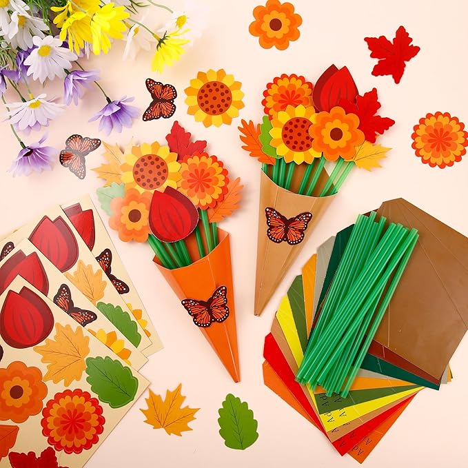 FULAIERGD 32 Set Fall Paper Flower Crafts DIY Autumn Thanksgiving Flower Bouquet Craft Kit-Make Your Own Thankful Florals for Party School Teacher Appreciation Week Thanksgiving Gift
